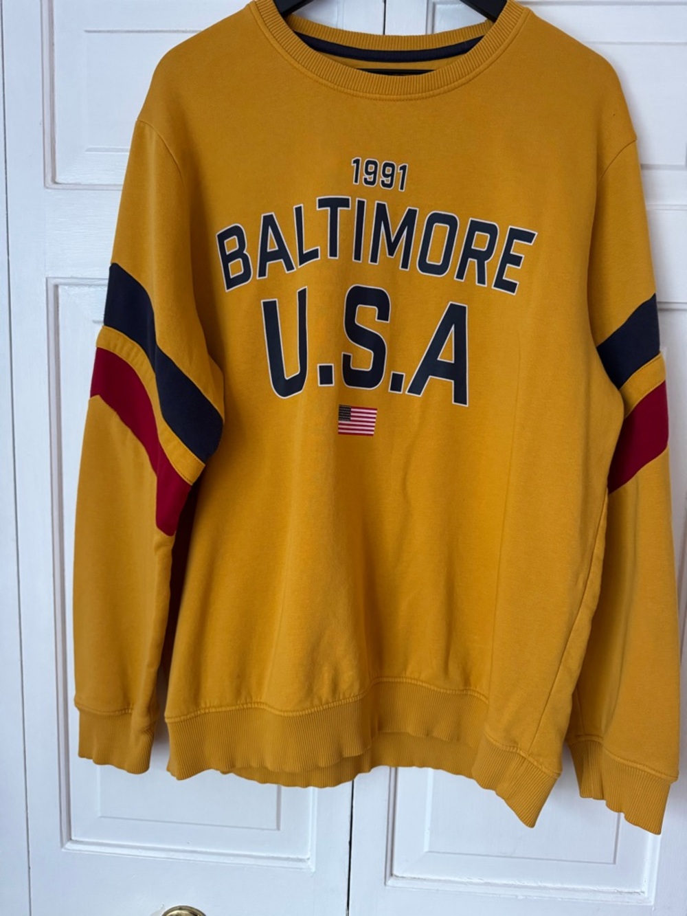 F&F Mustard Yellow Crewneck Sweater with Navy & Burgundy Accents - Baltimore USA
